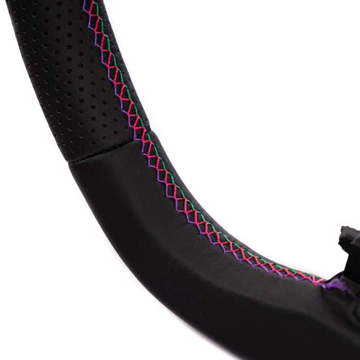 HKS Direct Fit Steering Wheel Black Smooth Leather w/ Perforated Grip, Oil Slick Stitching, and Embroidered HKS Logo 2017 - 2025 BRZ / 2022 - 2025 GR86 / 2017 - 2020 GT86 - 51999-AT004 - Subimods.com