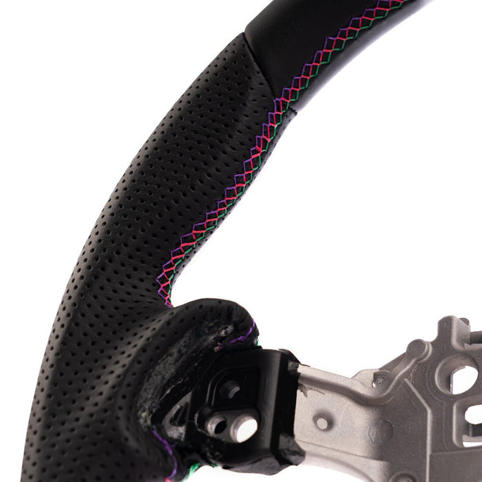 HKS Direct Fit Steering Wheel Black Smooth Leather w/ Perforated Grip, Oil Slick Stitching, and Embroidered HKS Logo 2017 - 2025 BRZ / 2022 - 2025 GR86 / 2017 - 2020 GT86 - 51999-AT004 - Subimods.com