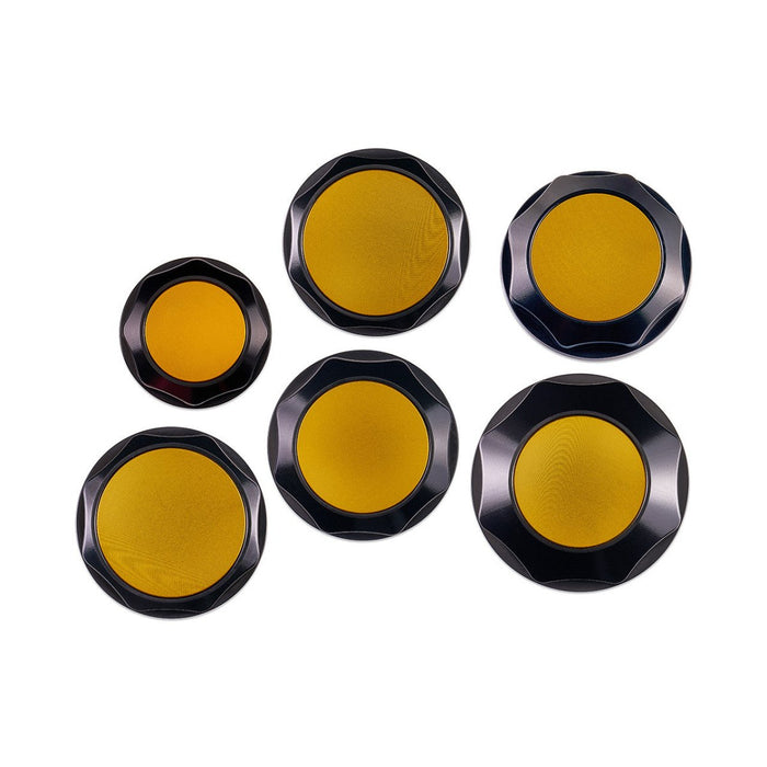 IAG Performance Revolve Engine Bay Dress Up Cap Kit Black w/ Gold Accent 2002 - 2007 WRX / 2004 - 2007 STI / 2004 - 2008 Forester XT - IAG - ACC - 5401BKGD - Subimods.com