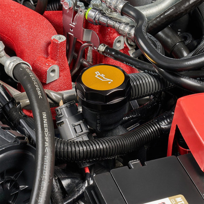 IAG Performance Revolve Engine Oil Cap Black w/ Gold Accent 2002 - 2024 WRX / 2004 - 2021 STI / 2013 - 2024 BRZ / 2005 - 2009 Legacy GT / 2004 - 2008 Forester XT - IAG - ACC - 5301BKGD - Subimods.com