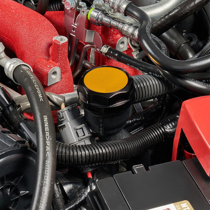 IAG Performance Revolve Engine Oil Cap Black w/ Gold Accent 2002 - 2024 WRX / 2004 - 2021 STI / 2013 - 2024 BRZ / 2005 - 2009 Legacy GT / 2004 - 2008 Forester XT - IAG - ACC - 5301BKGD - Subimods.com