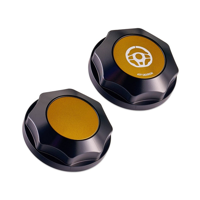 IAG Performance Revolve Power Steering Reservoir Cap Black w/ Gold Accent 02-07 WRX / 04-07 STI / 04-08 Forester XT - IAG-ACC-5306BKGD - Subimods.com