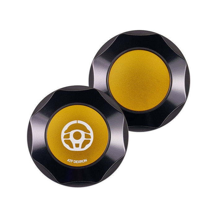 IAG Performance Revolve Power Steering Reservoir Cap Black w/ Gold Insert 08-14 WRX / 08-21 STI / 05-09 Legacy GT - IAG-ACC-5307BKGD - Subimods.com