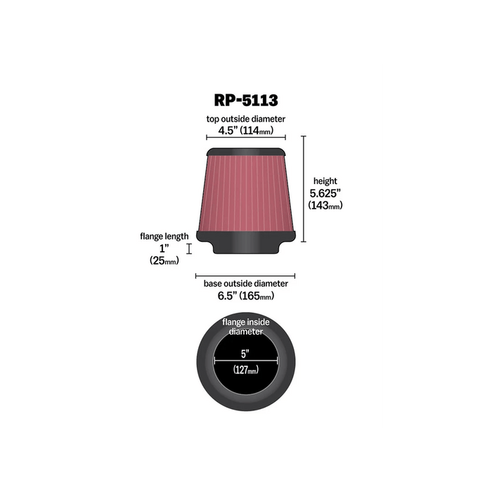 K&N High - Flow Air Filter Round Tapered Universal w/ 5" Flange ID, 6.5" Base OD, 5.625" Length - RP - 5113 - Subimods.com