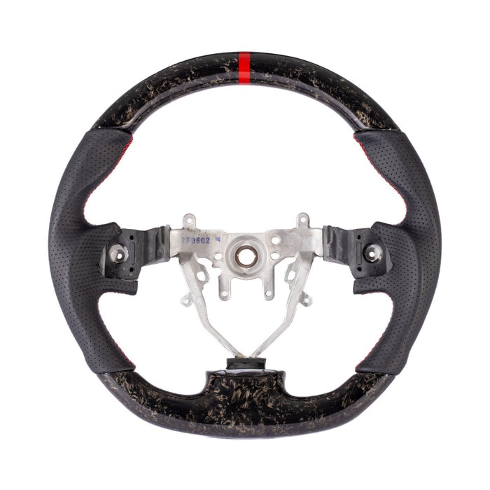Molded Innovations Forged Carbon Fiber Steering Wheel w/ Perforated Leather Grip, Red Stripe and Red Stitching 2008-2014 WRX / 2008-2014 STI / 2009-2013 Forester / 2008-2011 Impreza / 2008-2009 Legacy / 2008-2009 Outback - MI08-WHL-L/FC-R-R - Subimods.com