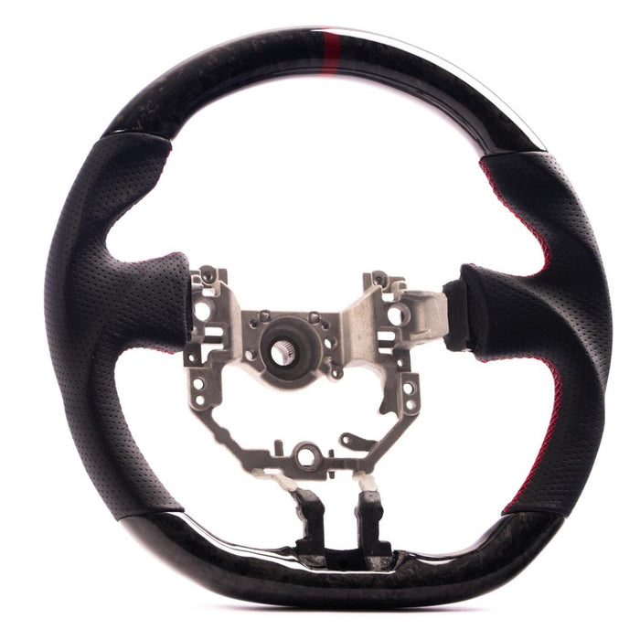 Molded Innovations Forged Carbon Fiber Steering Wheel w/ Perforated Leather Grip, Red Stripe and Red Stitching 2013 - 2016 BRZ / 2013 - 2016 FRS - MIZC6-WHL-L/FC-R-R - Subimods.com