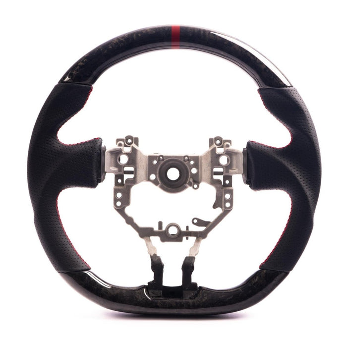 Molded Innovations Forged Carbon Fiber Steering Wheel w/ Perforated Leather Grip, Red Stripe and Red Stitching 2013 - 2016 BRZ / 2013 - 2016 FRS - MIZC6-WHL-L/FC-R-R - Subimods.com