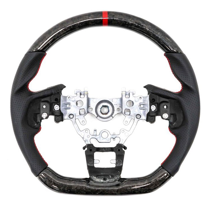 Molded Innovations Forged Carbon Fiber Steering Wheel w/ Perforated Leather Grip, Red Stripe and Red Stitching 2022-2026 WRX