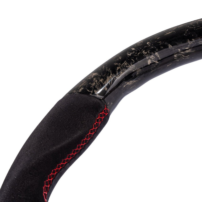 Molded Innovations Forged Carbon Fiber Steering Wheel w/ Suede Grip, Red Stripe and Red Stitching 2008-2014 WRX / 2008-2014 STI / 2009-2013 Forester / 2008-2011 Impreza / 2008-2009 Legacy / 2008-2009 Outback - MI08-WHL-A/FC-R-R - Subimods.com