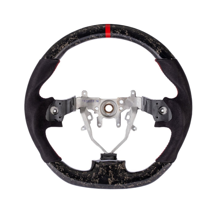 Molded Innovations Forged Carbon Fiber Steering Wheel w/ Suede Grip, Red Stripe and Red Stitching 2008-2014 WRX / 2008-2014 STI / 2009-2013 Forester / 2008-2011 Impreza / 2008-2009 Legacy / 2008-2009 Outback - MI08-WHL-A/FC-R-R - Subimods.com