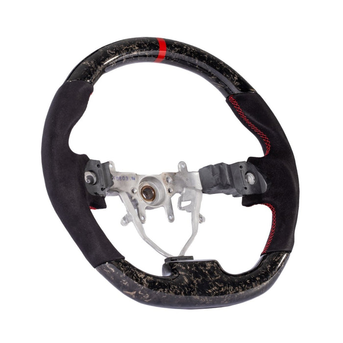 Molded Innovations Forged Carbon Fiber Steering Wheel w/ Suede Grip, Red Stripe and Red Stitching 2008-2014 WRX / 2008-2014 STI / 2009-2013 Forester / 2008-2011 Impreza / 2008-2009 Legacy / 2008-2009 Outback - MI08-WHL-A/FC-R-R - Subimods.com