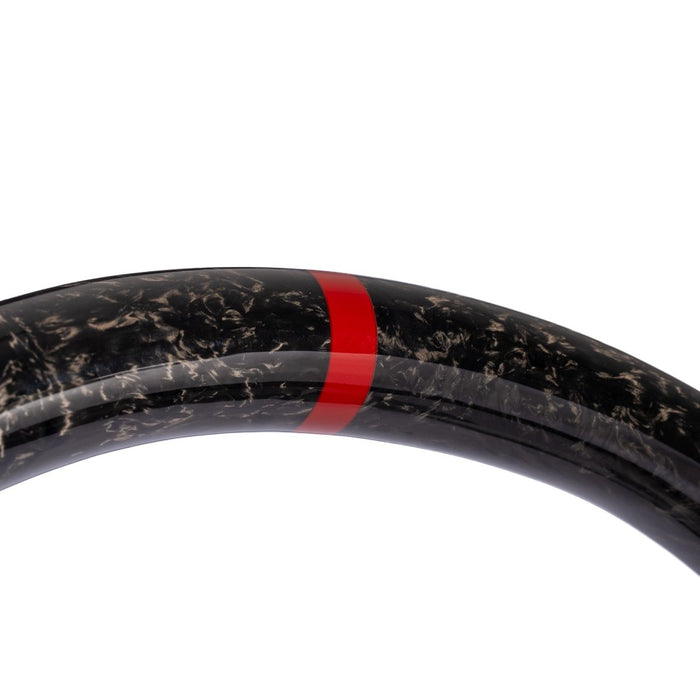 Molded Innovations Forged Carbon Fiber Steering Wheel w/ Suede Grip, Red Stripe and Red Stitching 2008-2014 WRX / 2008-2014 STI / 2009-2013 Forester / 2008-2011 Impreza / 2008-2009 Legacy / 2008-2009 Outback - MI08-WHL-A/FC-R-R - Subimods.com