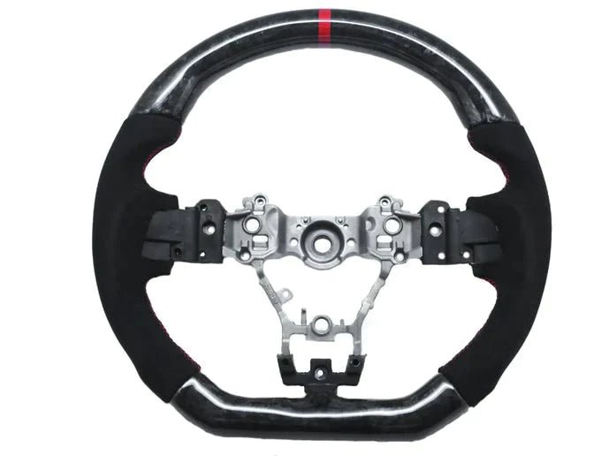 Molded Innovations Forged Carbon Fiber Steering Wheel w/ Suede Grip, Red Stripe and Red Stitching 2013-2016 BRZ / 2013-2016 FRS - MIZC6-WHL-A/FC-R-R - Subimods.com