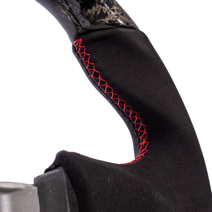 Molded Innovations Forged Carbon Fiber Steering Wheel w/ Suede Grip, Red Stripe and Red Stitching 2013-2016 BRZ / 2013-2016 FRS - MIZC6-WHL-A/FC-R-R - Subimods.com