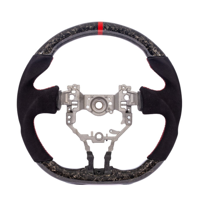 Molded Innovations Forged Carbon Fiber Steering Wheel w/ Suede Grip, Red Stripe and Red Stitching 2013-2016 BRZ / 2013-2016 FRS - MIZC6-WHL-A/FC-R-R - Subimods.com