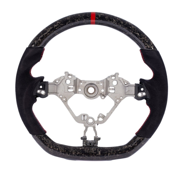 Molded Innovations Forged Carbon Fiber Steering Wheel w/ Suede Grip, Red Stripe and Red Stitching 2017-2026 BRZ / 2017-2021 GT86 / 2022-2026 GR86 - MIZD6-WHL-A/FC-R-R - Subimods.com