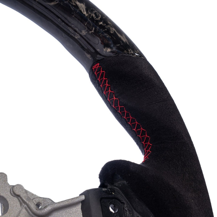 Molded Innovations Forged Carbon Fiber Steering Wheel w/ Suede Grip, Red Stripe and Red Stitching 2017-2026 BRZ / 2017-2021 GT86 / 2022-2026 GR86 - MIZD6-WHL-A/FC-R-R - Subimods.com