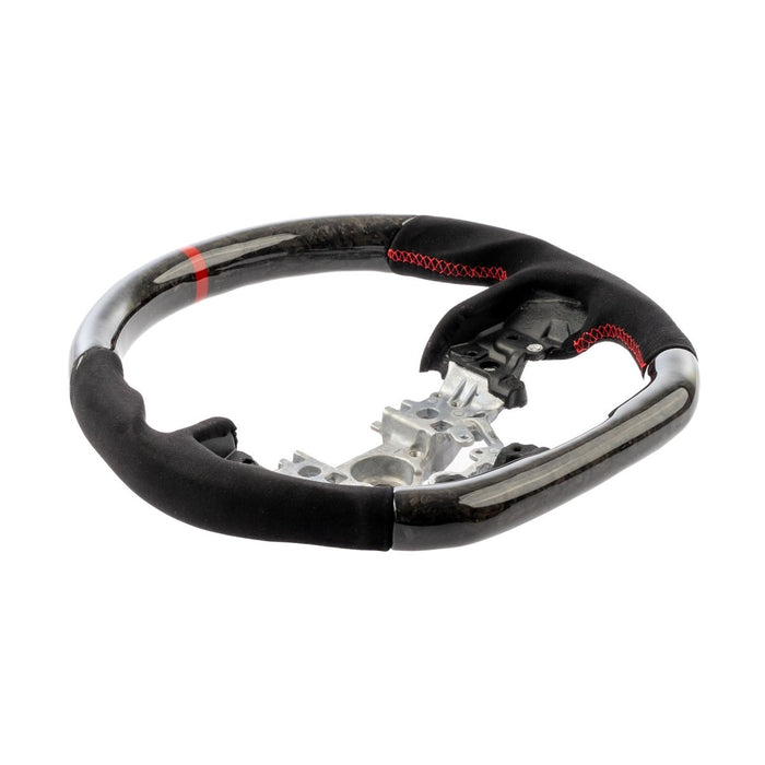 Molded Innovations Forged Carbon Fiber Steering Wheel w/ Suede Leather Grip, Red Stripe and Red Stitching 2022-2026 WRX - MI22-WHL-A/FC-R-R - Subimods.com