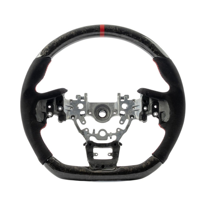 Molded Innovations Forged Carbon Fiber Steering Wheel w/ Suede Leather Grip, Red Stripe and Red Stitching 2022-2026 WRX - MI22-WHL-A/FC-R-R - Subimods.com