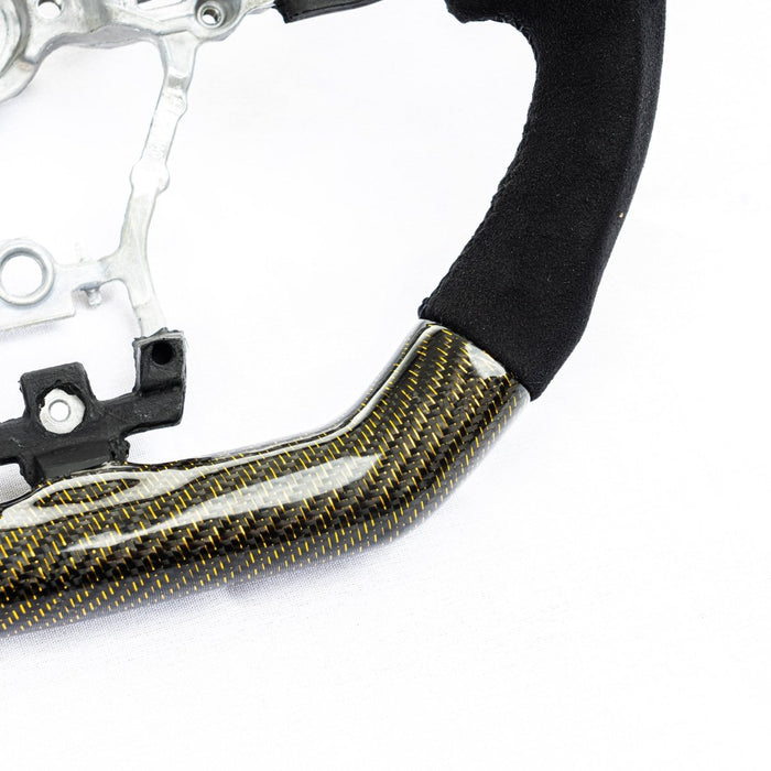 Molded Innovations Glitter Series Carbon Fiber Steering Wheel w/ Suede Grip, Black Stitching and Gold Glitter Carbon 2015 - 2021 WRX / 2015 - 2021 STI - SU152 - LE15 - G8A - B - Subimods.com