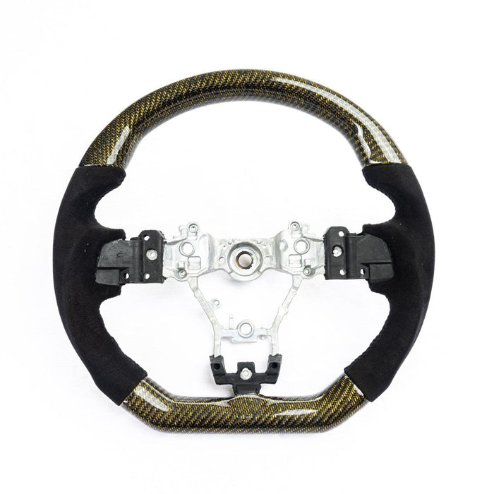 Molded Innovations Glitter Series Carbon Fiber Steering Wheel w/ Suede Grip, Black Stitching and Gold Glitter Carbon 2015 - 2021 WRX / 2015 - 2021 STI - SU152 - LE15 - G8A - B - Subimods.com