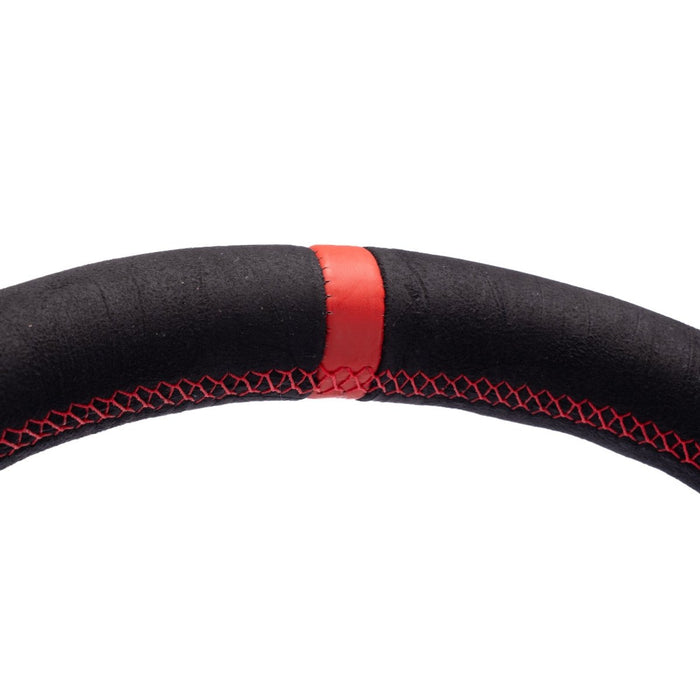 Molded Innovations OEM Plus Style Suede Steering Wheel w/ Red Double Stitch and Red Stripe 2008-2014 WRX / 2008-2014 STI / 2009-2013 Forester / 2008-2011 Impreza / 2008-2009 Legacy / 2008-2009 Outback - MI08-WHL-A/RD-R - Subimods.com