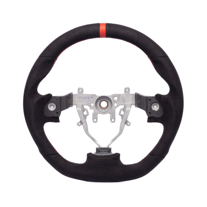 Molded Innovations OEM Plus Style Suede Steering Wheel w/ Red Double Stitch and Red Stripe 2008-2014 WRX / 2008-2014 STI / 2009-2013 Forester / 2008-2011 Impreza / 2008-2009 Legacy / 2008-2009 Outback - MI08-WHL-A/RD-R - Subimods.com