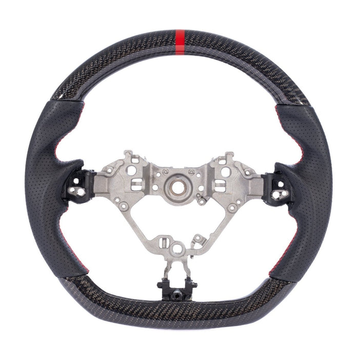 Molded Innovations Original Carbon Fiber Steering Wheel w/ Perforated Leather Grip, Red Stripe and Red Stitching 2017-2026 BRZ / 2017-2021 GT86 / 2022-2026 GR86 - MIZD6-WHL-L/OC-R-R - Subimods.com
