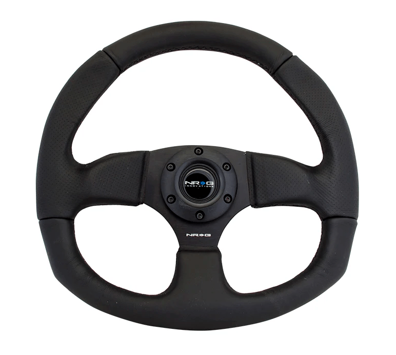 NRG Innovations 009 Series Flat Bottom Steering Wheel Smooth Leather w/ Black Center, Black Stitching and Perforated Leather Grip - RST - 009R - Subimods.com