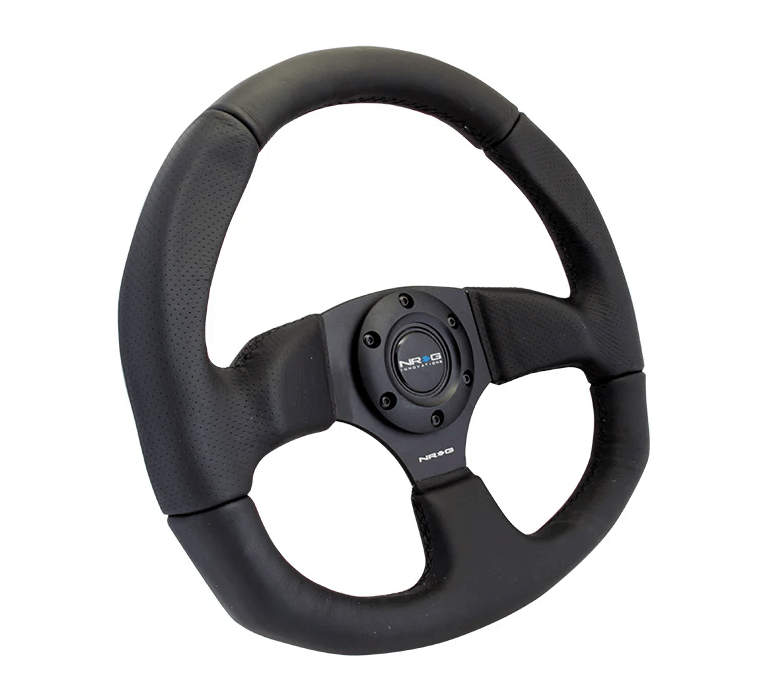 NRG Innovations 009 Series Flat Bottom Steering Wheel Smooth Leather w/ Black Center, Black Stitching and Perforated Leather Grip - RST - 009R - Subimods.com