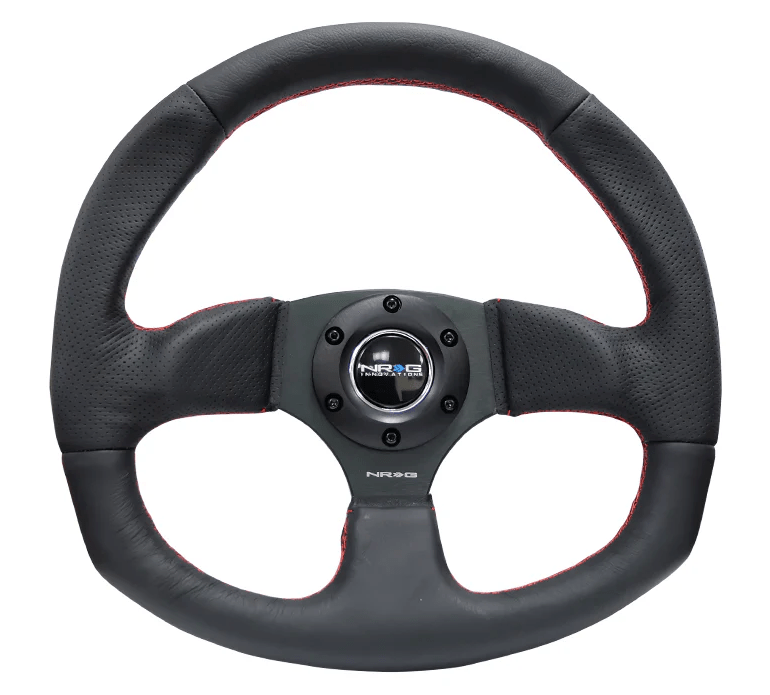 NRG Innovations 009 Series Flat Bottom Steering Wheel Smooth Leather w/ Black Center, Red Stitching and Perforated Leather Grip - RST - 009R - RS - Subimods.com