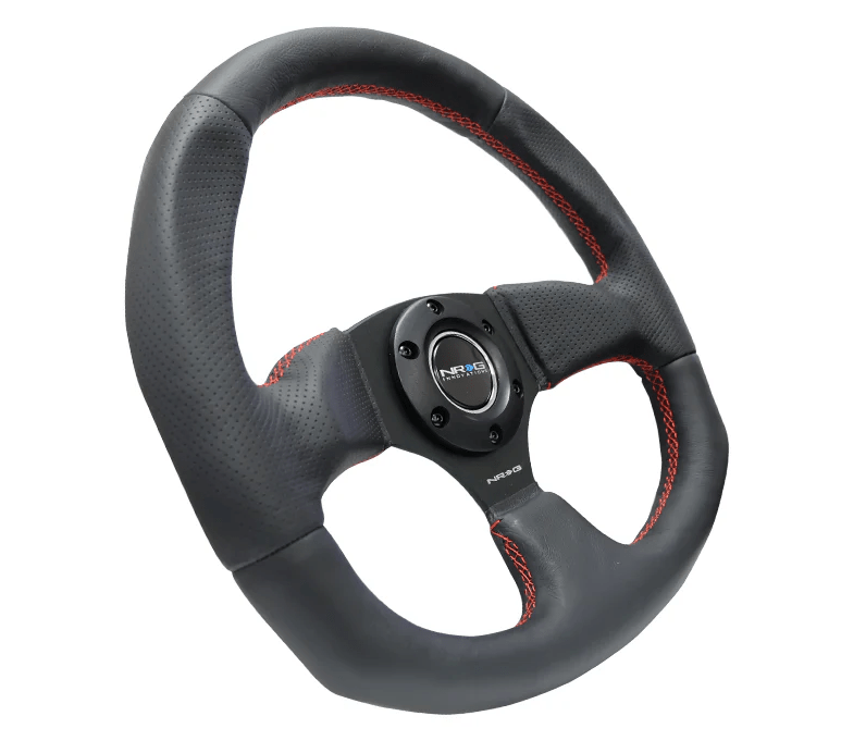NRG Innovations 009 Series Flat Bottom Steering Wheel Smooth Leather w/ Black Center, Red Stitching and Perforated Leather Grip - RST - 009R - RS - Subimods.com