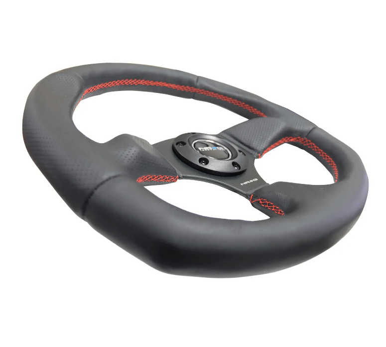 NRG Innovations 009 Series Flat Bottom Steering Wheel Smooth Leather w/ Black Center, Red Stitching and Perforated Leather Grip - RST - 009R - RS - Subimods.com