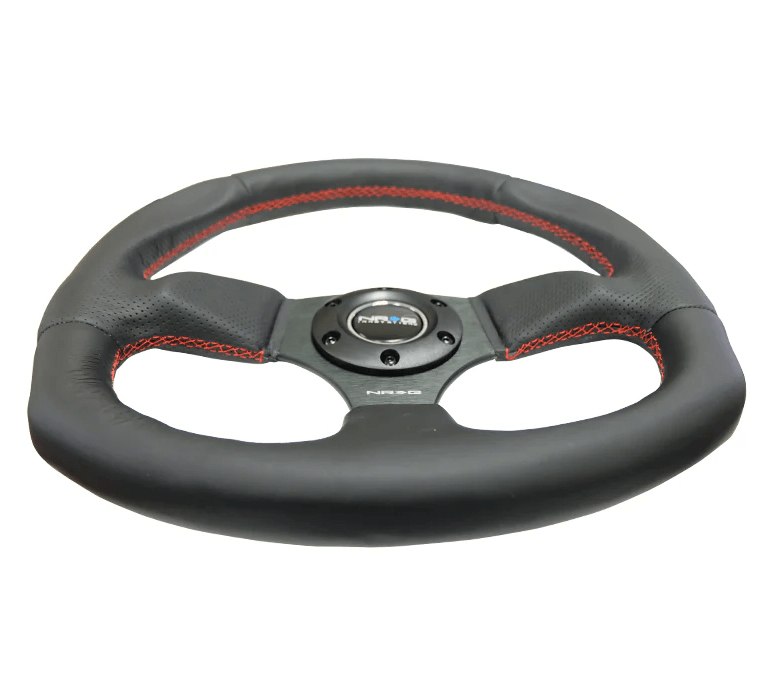NRG Innovations 009 Series Flat Bottom Steering Wheel Smooth Leather w/ Black Center, Red Stitching and Perforated Leather Grip - RST - 009R - RS - Subimods.com
