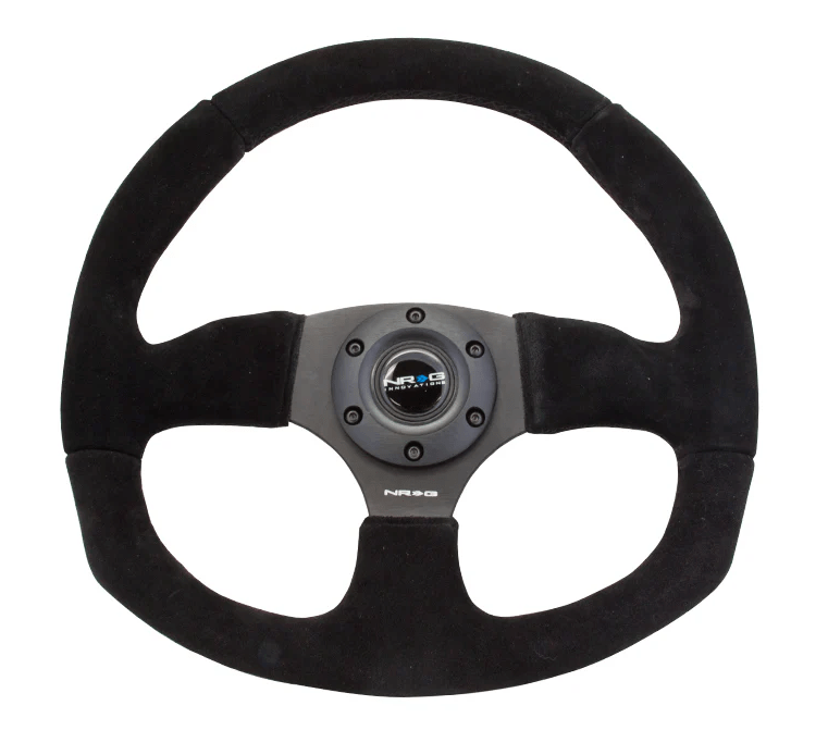 NRG Innovations 009 Series Flat Bottom Steering Wheel w/ Black Center, Black Stitching and Suede Grip - RST - 009S - Subimods.com
