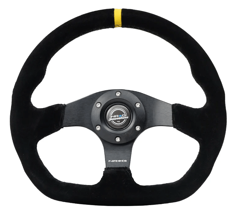 NRG Innovations 024 Series Flat Bottom Steering Wheel w/ Black Center, Black Stitching, Yellow Stripe and Black Suede Grip - RST - 024MB - S - Y - Subimods.com