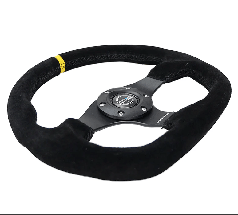 NRG Innovations 024 Series Flat Bottom Steering Wheel w/ Black Center, Black Stitching, Yellow Stripe and Black Suede Grip - RST - 024MB - S - Y - Subimods.com