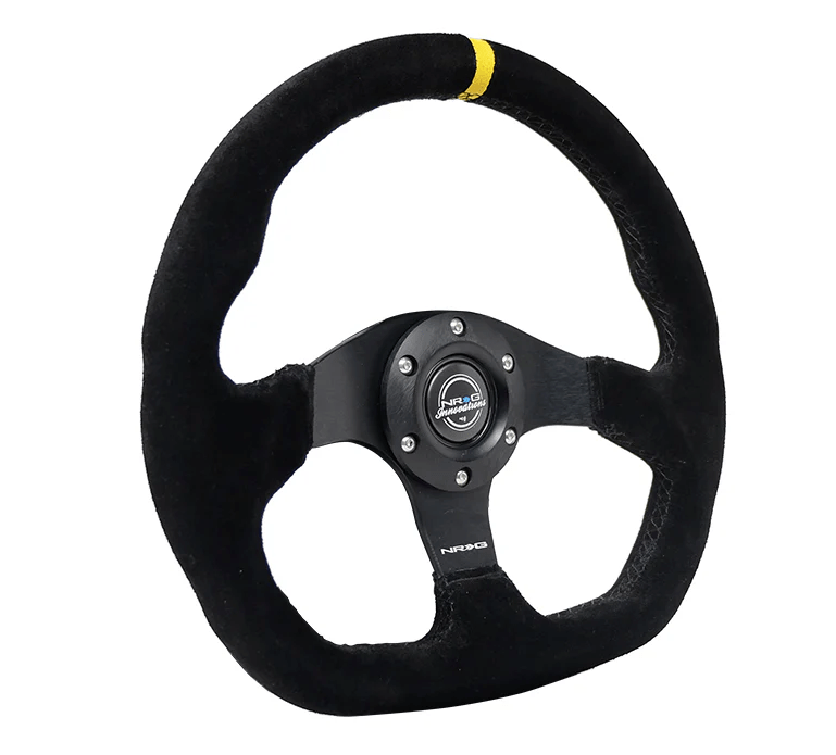 NRG Innovations 024 Series Flat Bottom Steering Wheel w/ Black Center, Black Stitching, Yellow Stripe and Black Suede Grip - RST - 024MB - S - Y - Subimods.com