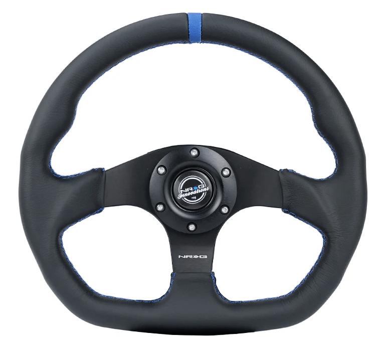 NRG Innovations 024 Series Flat Bottom Steering Wheel w/ Black Center, Blue Stitching, Blue Stripe and Black Leather Grip - RST - 024MB - R - BL - Subimods.com