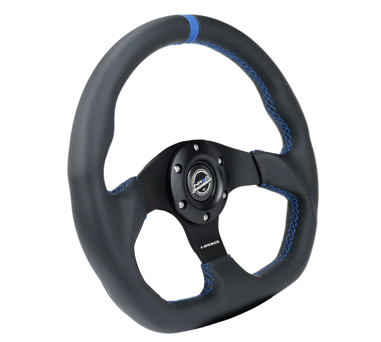 NRG Innovations 024 Series Flat Bottom Steering Wheel w/ Black Center, Blue Stitching, Blue Stripe and Black Leather Grip - RST - 024MB - R - BL - Subimods.com