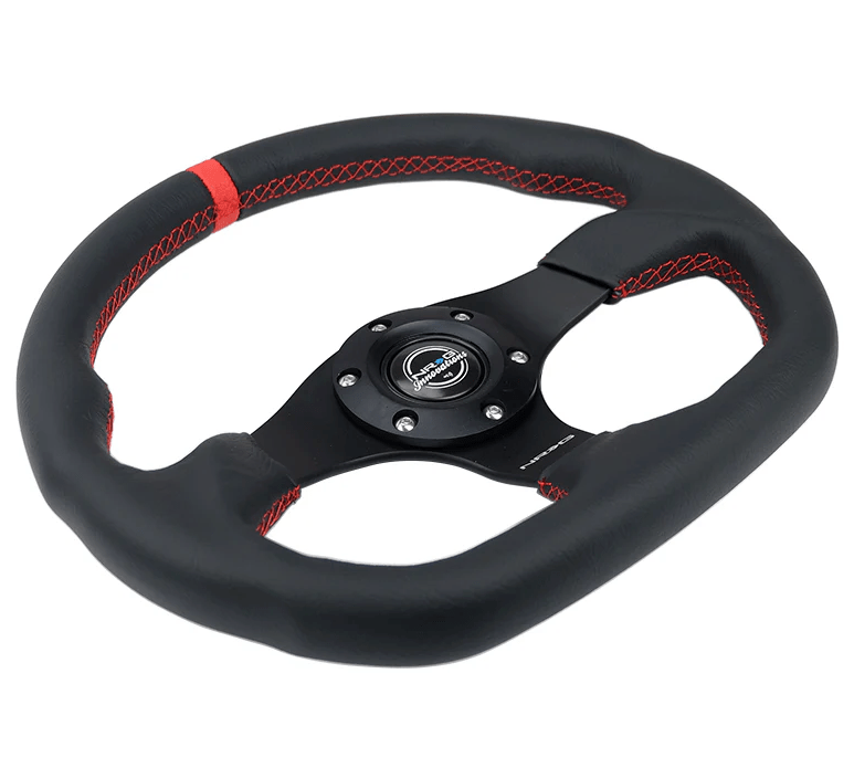 NRG Innovations 024 Series Flat Bottom Steering Wheel w/ Black Center, Red Stitching, Red Stripe and Black Leather Grip - RST - 024MB - R - RD - Subimods.com