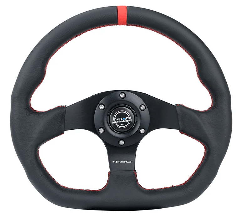 NRG Innovations 024 Series Flat Bottom Steering Wheel w/ Black Center, Red Stitching, Red Stripe and Black Leather Grip - RST - 024MB - R - RD - Subimods.com