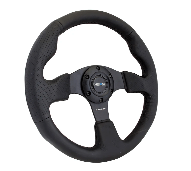 NRG Innovations 320MM Leather Steering Wheel w/ Black Center, Black Stitching and Perforated Leather Grip - RST - 012R - Subimods.com