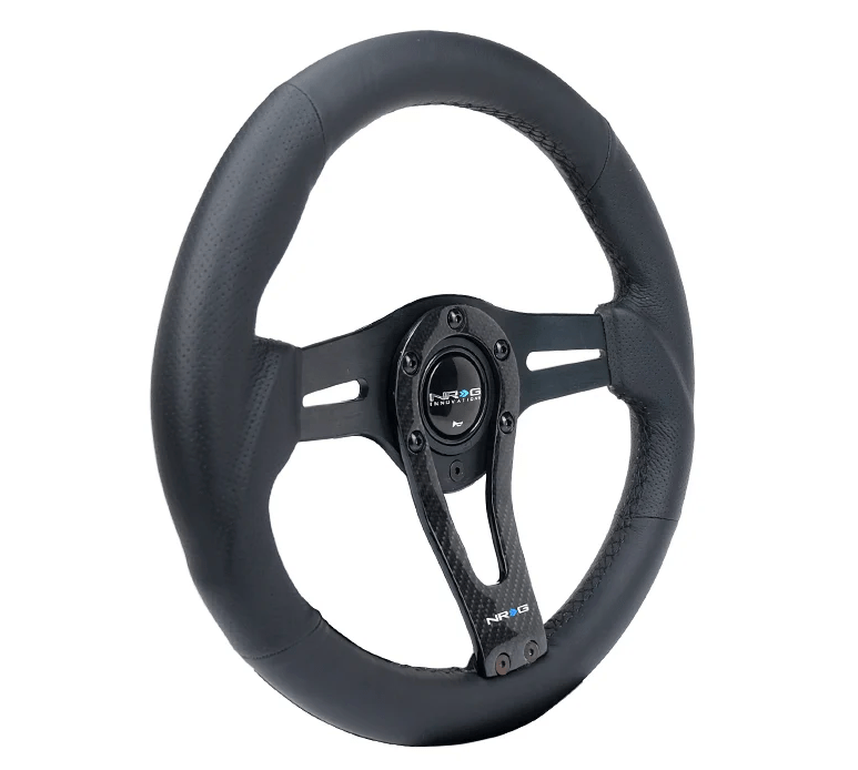 NRG Innovations 320MM Leather Steering Wheel w/ Black Center, Black Stitching, Carbon Center Spoke and Perforated Leather Grip - RST - 002RCF - Subimods.com