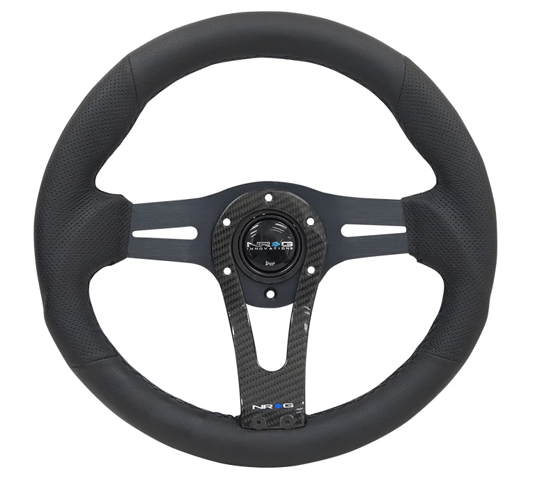NRG Innovations 320MM Leather Steering Wheel w/ Black Center, Black Stitching, Carbon Center Spoke and Perforated Leather Grip - RST - 002RCF - Subimods.com