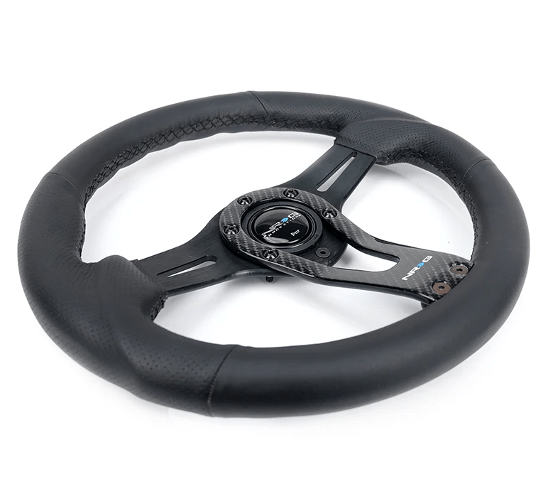 NRG Innovations 320MM Leather Steering Wheel w/ Black Center, Black Stitching, Carbon Center Spoke and Perforated Leather Grip - RST - 002RCF - Subimods.com