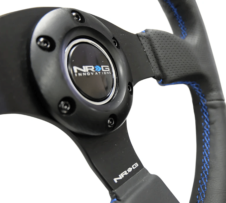 NRG Innovations 320MM Leather Steering Wheel w/ Black Center, Blue Stitching and Perforated Leather Grip - RST - 012R - BL - Subimods.com