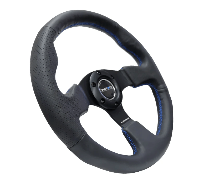 NRG Innovations 320MM Leather Steering Wheel w/ Black Center, Blue Stitching and Perforated Leather Grip - RST - 012R - BL - Subimods.com