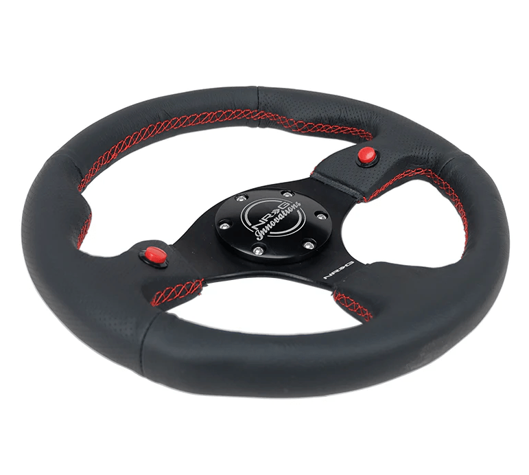 NRG Innovations 320MM Leather Steering Wheel w/ Black Center, Red Stitching, Dual Buttons and Perforated Leather Grip - RST - 007R - Subimods.com