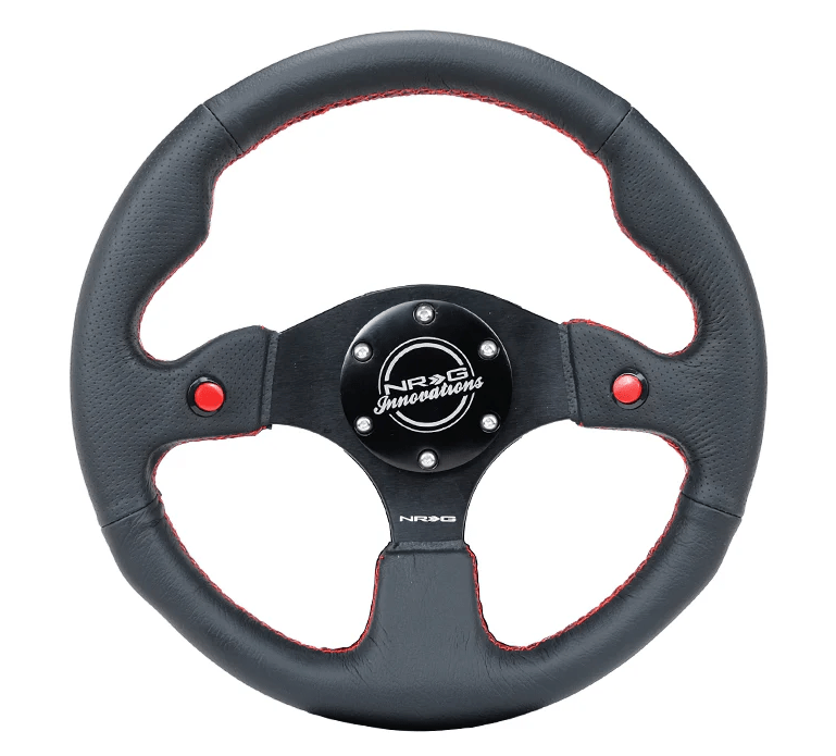 NRG Innovations 320MM Leather Steering Wheel w/ Black Center, Red Stitching, Dual Buttons and Perforated Leather Grip - RST - 007R - Subimods.com